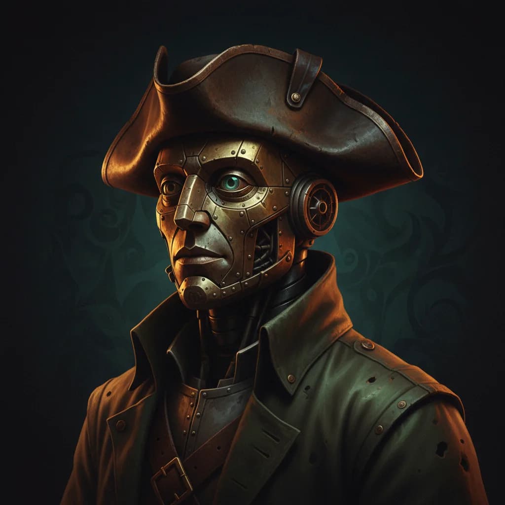 Portrait of David Walsh as the site's automaton captain, at the helm in lantern light