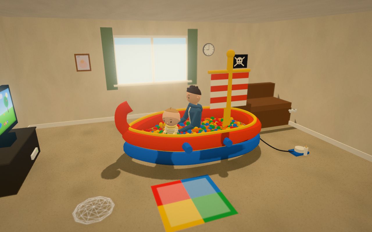 A living room with a huge inflatable pirate ship in the middle, full of coloured plastic balls. A young dad and his baby daughter sit in it, facing a widescreen telly.