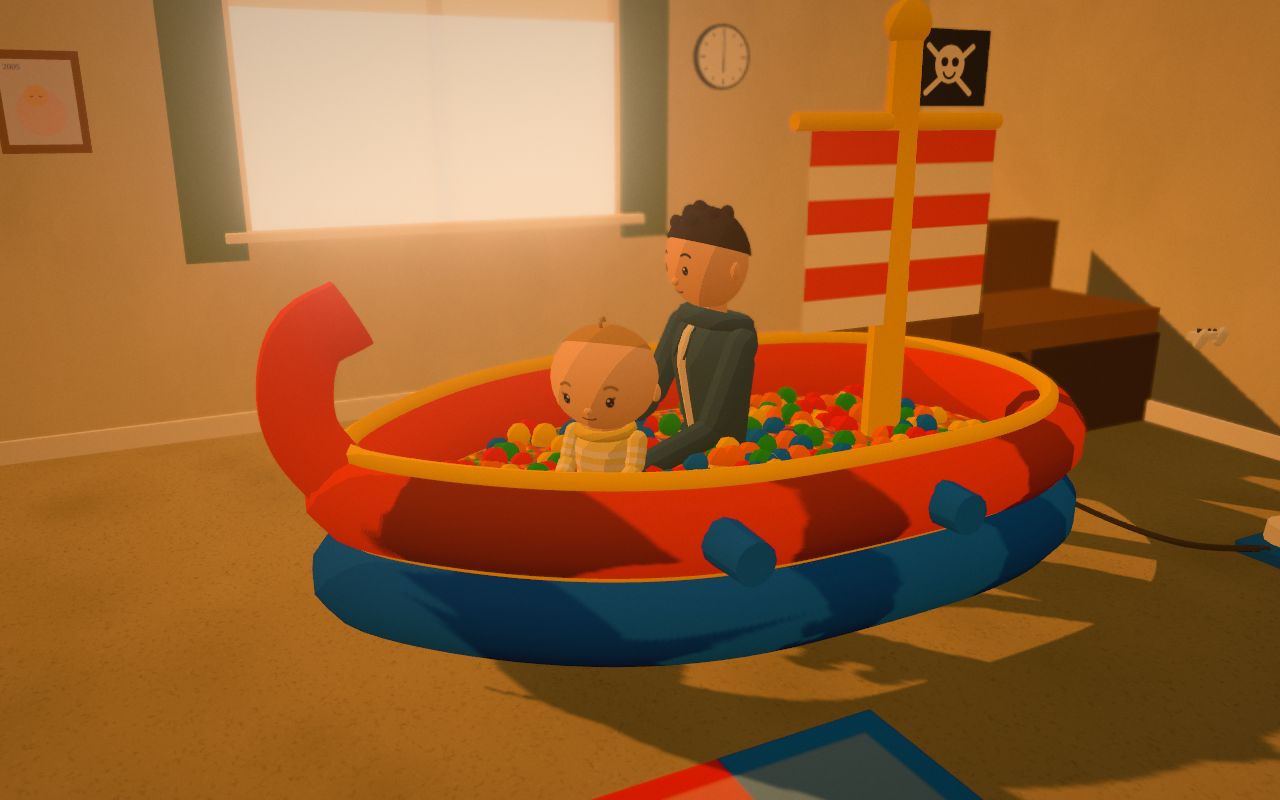 The same pirate ship ball pond in golden evening light: the baby, in a striped babygrow, sits in the balls beside her dad.