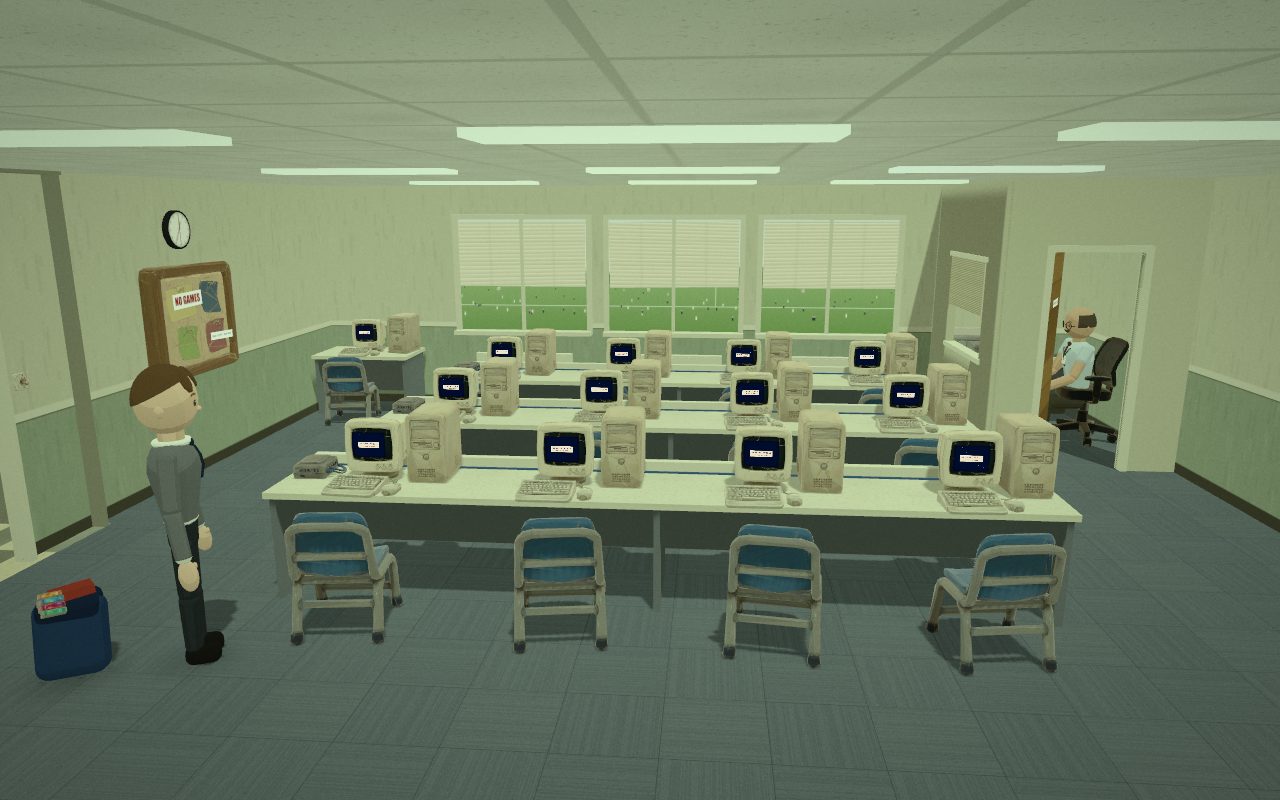 The school IT suite at lunchtime: rows of beige computers under fluorescent lights.