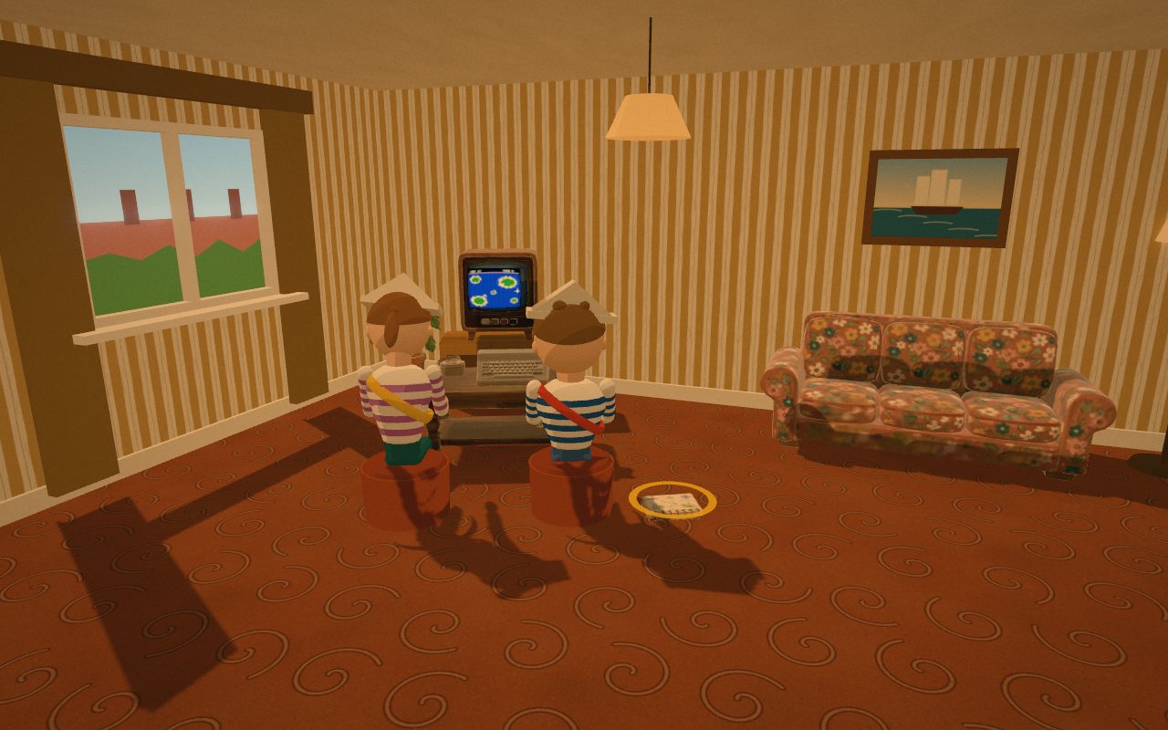 A cosy early-1990s living room with a floral sofa, a coffee table and the computer on the telly.