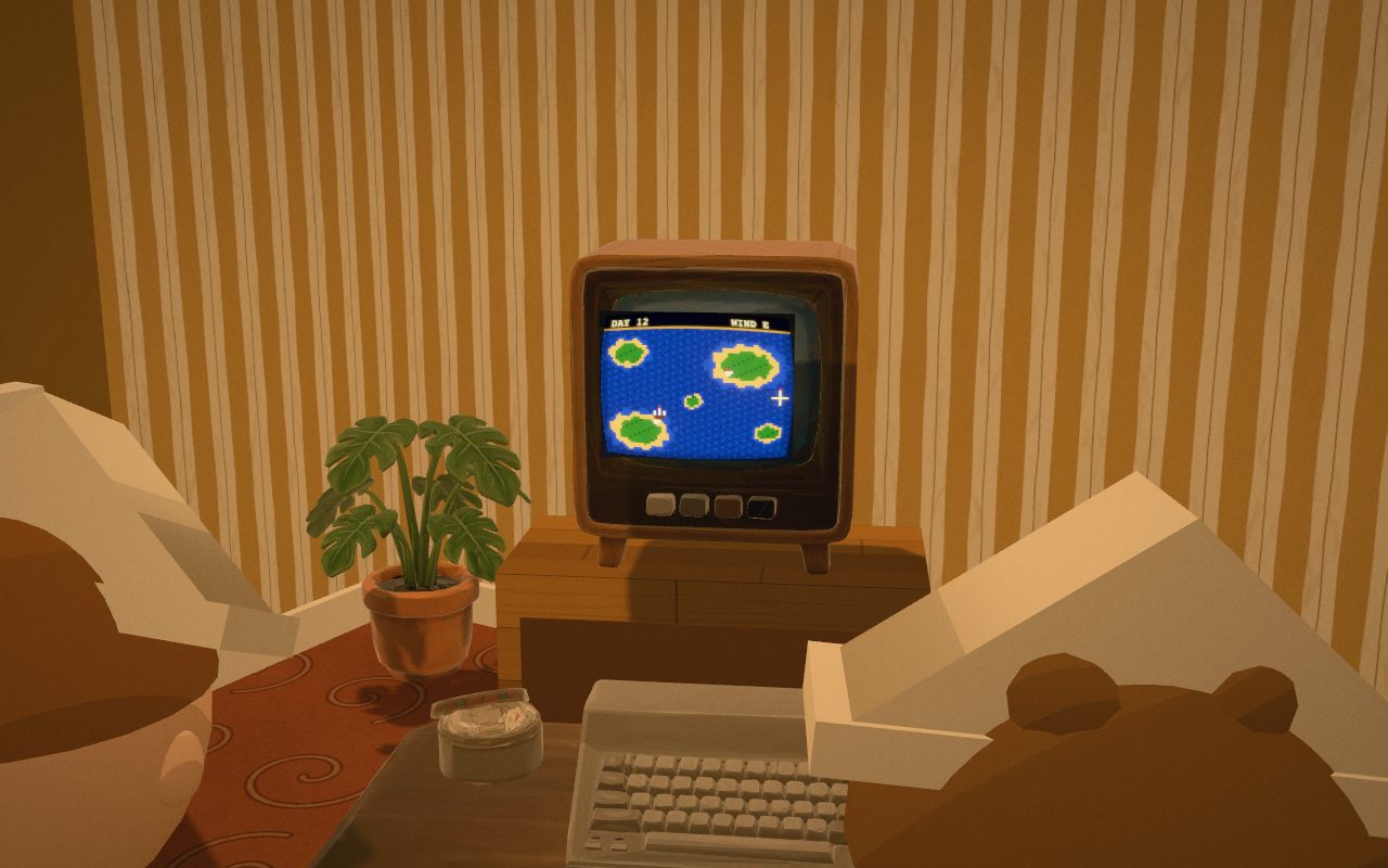The television in the corner, showing an original pixel-art sea chart.