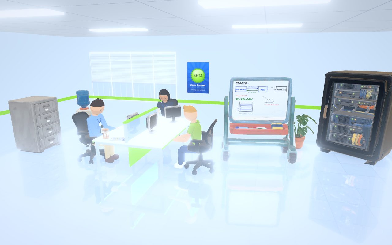 A glossy white office from the mid-2000s: three desks in a pod, a whiteboard of boxes and arrows, a server rack and a lime-green beta poster.
