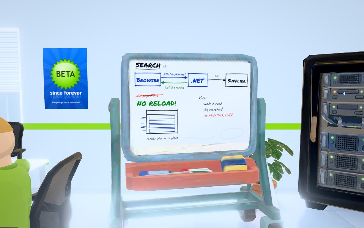 A whiteboard sketch of a hotel search: browser, XMLHttpRequest and a .NET server, with No reload! underlined in green marker.