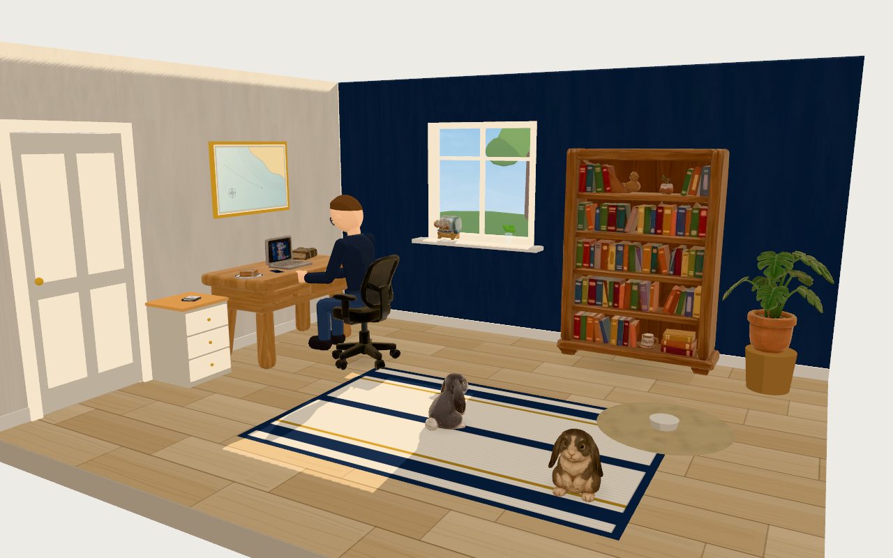 My room today: a wooden desk, a laptop, a full bookshelf and two French Lop rabbits.