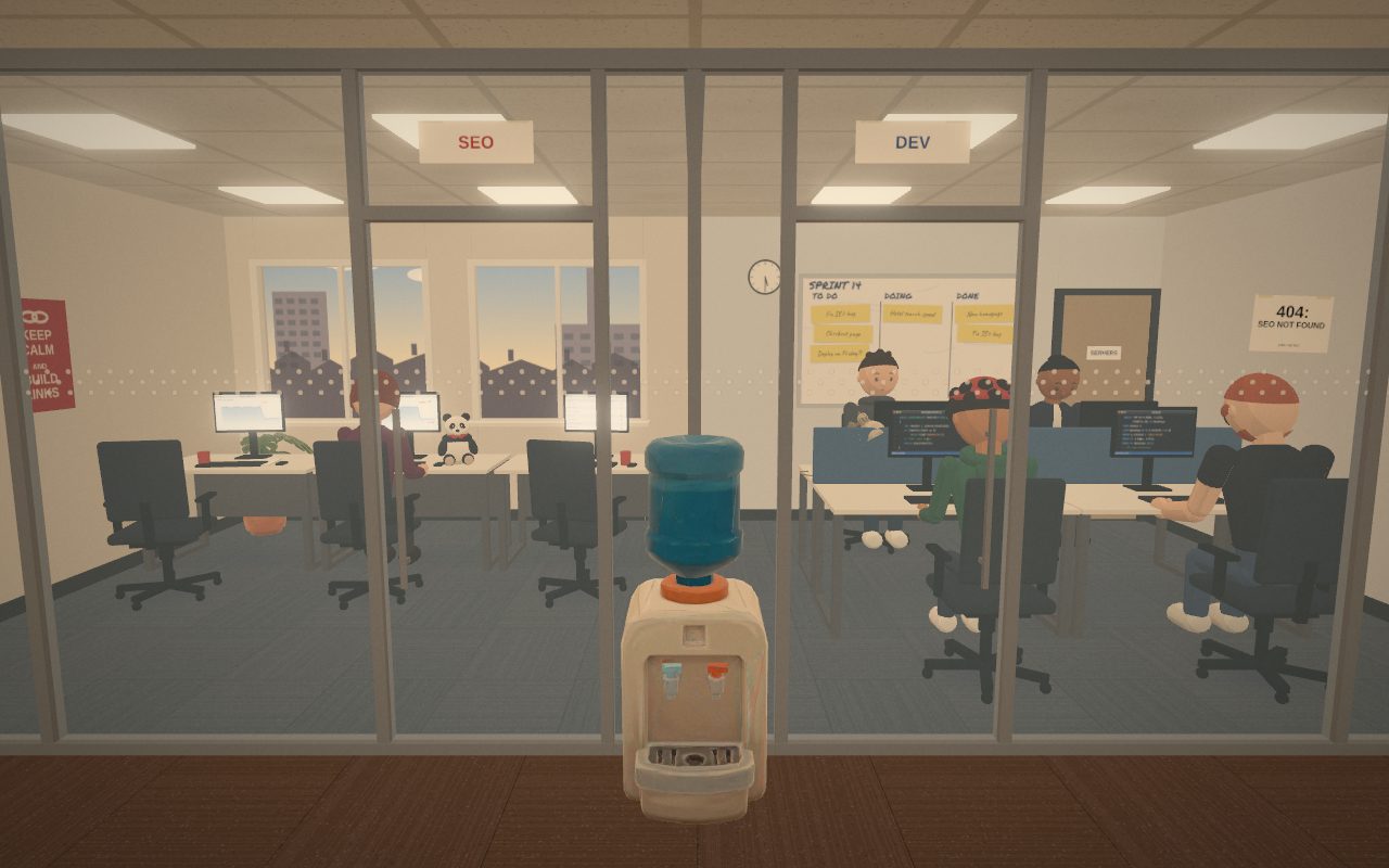 Two glass offices side by side in 2011: SEO on the left, with their graphs on their screens and a teddy panda on a desk; dev on the right, four developers round a pod in front of a whiteboard.