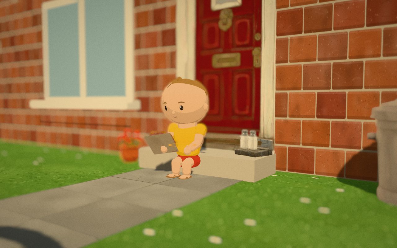 A toddler sitting on a sunny doorstep with a ham sandwich, a red front door behind him.