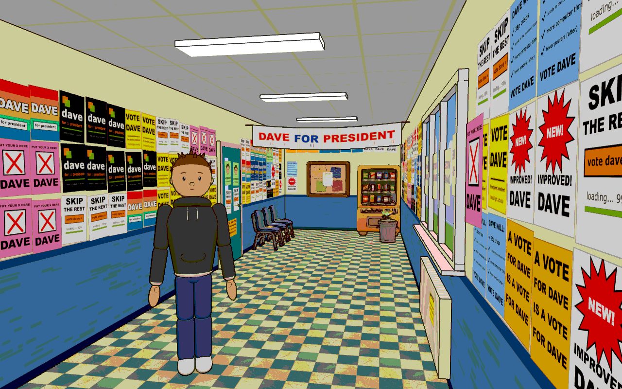 A college corridor wallpapered with VOTE DAVE posters.