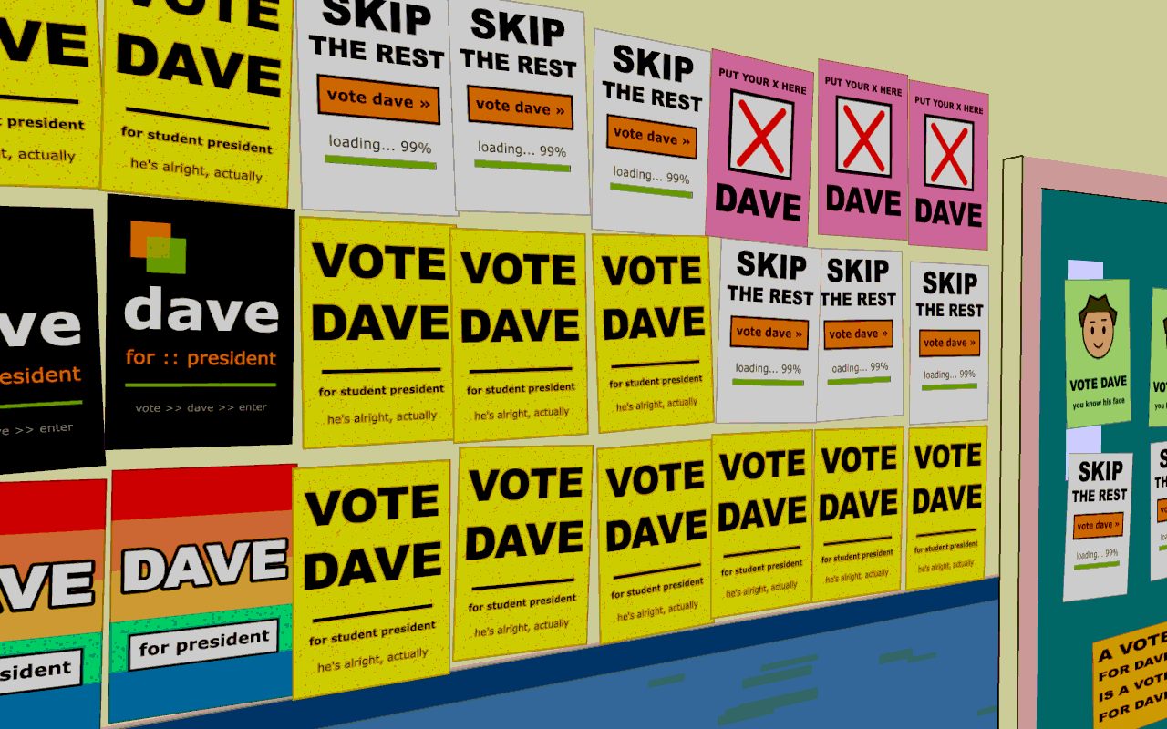 Campaign posters covering every inch of the corridor wall.