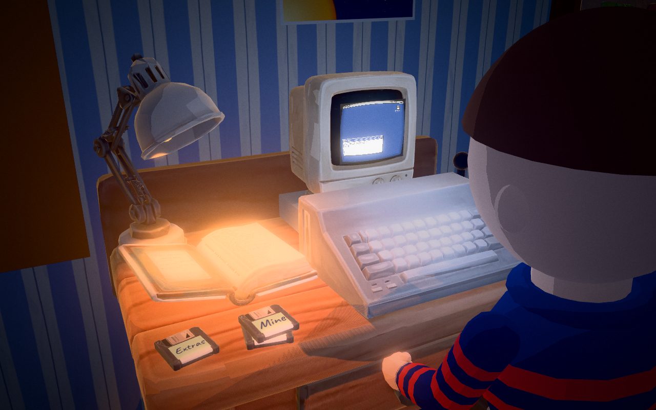 Over his shoulder: a library book open at a program listing, two floppy disks, and a desktop on the monitor.
