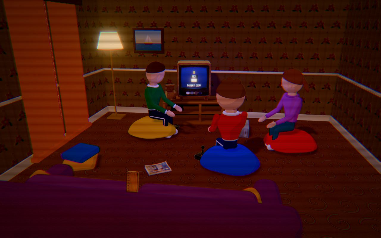 The TV corner: a telly, a home computer, joysticks and beanbags.