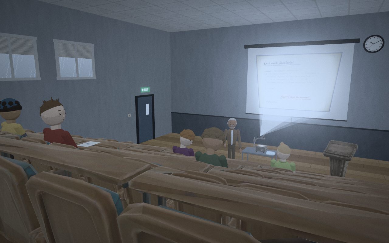 A university lecture theatre with tiered seats and an overhead projector.