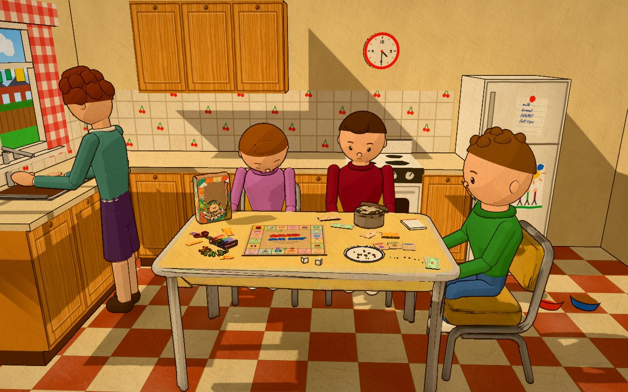 The homemade board and cut-out cards on the kitchen table.