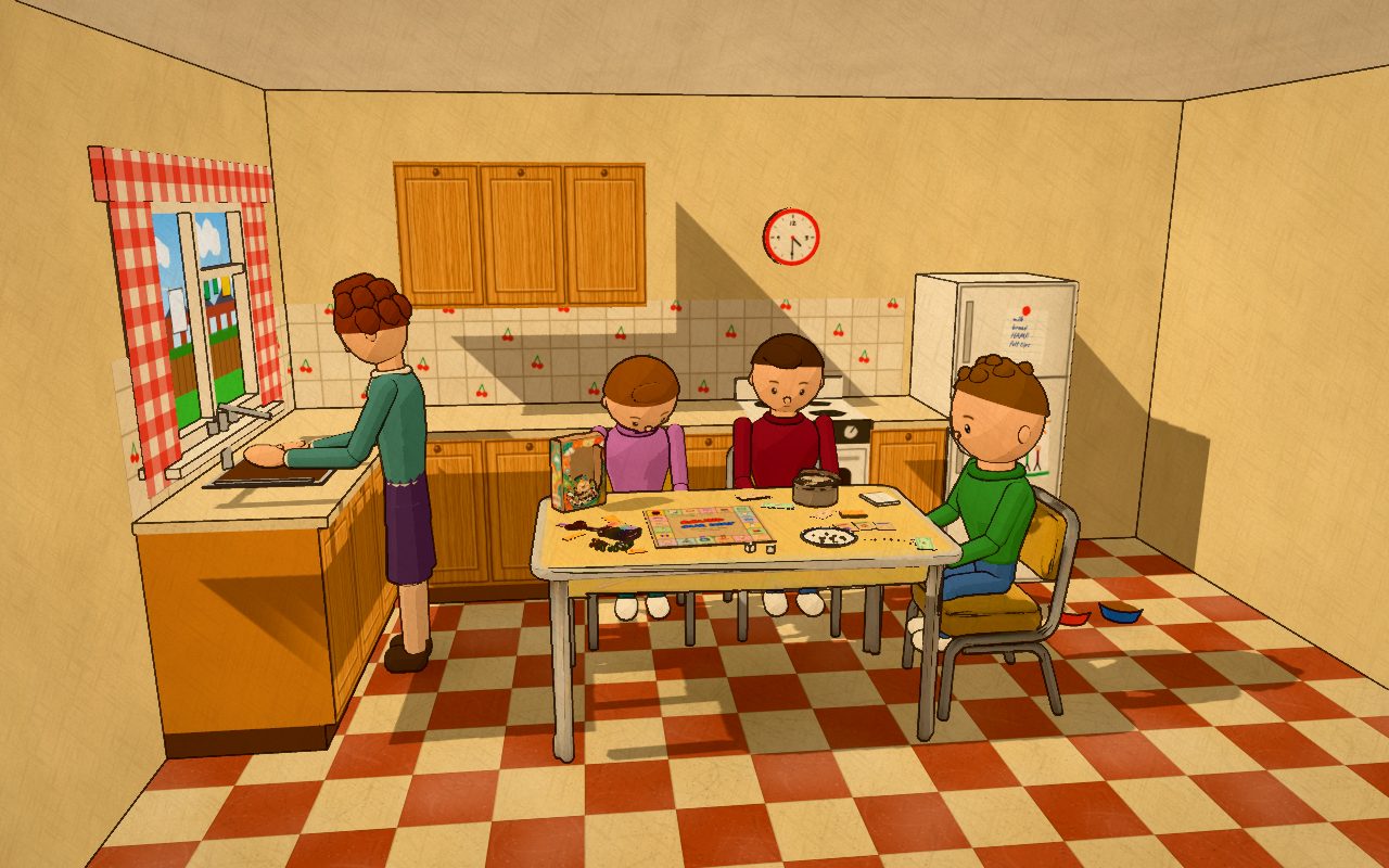 The kitchen table covered in homemade games: a cardboard board, paper money and felt tips.